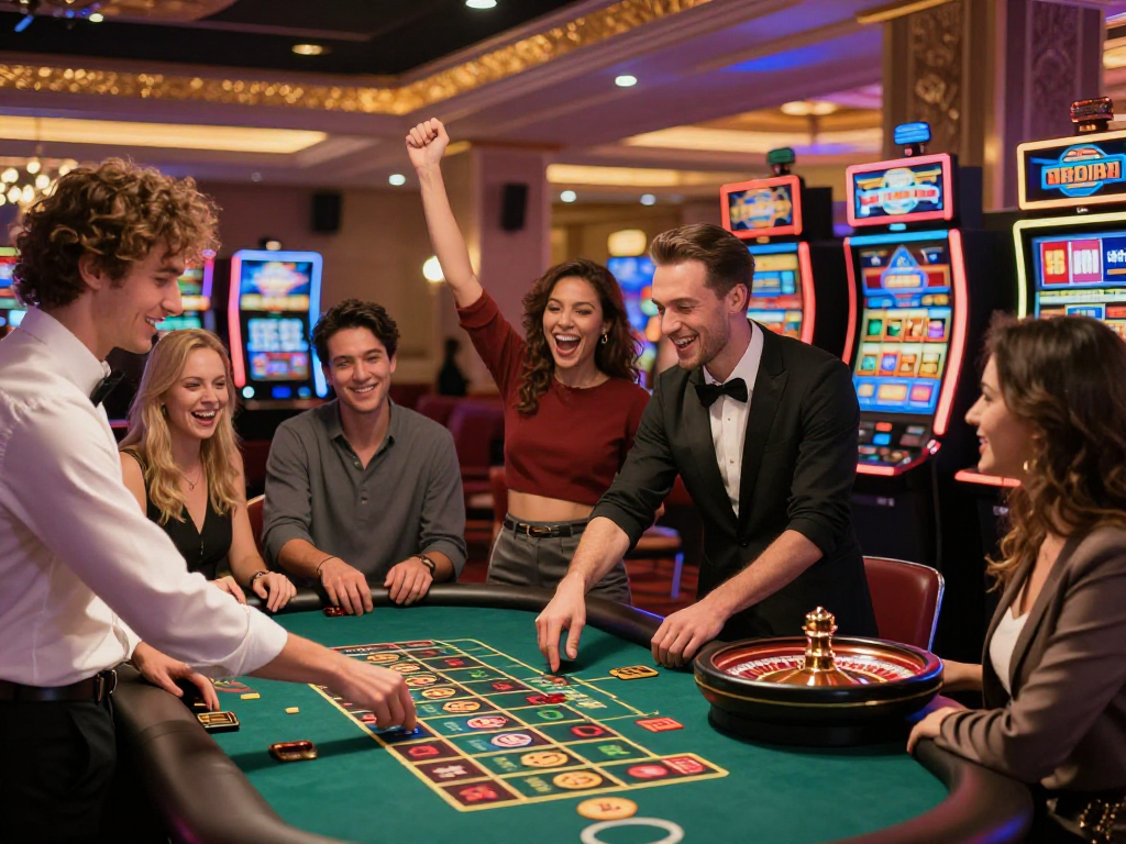 Scene di un casinò non AAMS con giocatori felici e giochi emozionanti in un'atmosfera vivace.