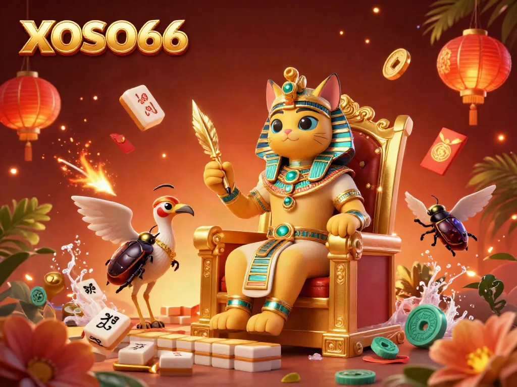 XOSO66's dynamic gaming world comes to life featuring an Egyptian pharaoh cat, vibrant game elements, and a rich casino atmosphere.