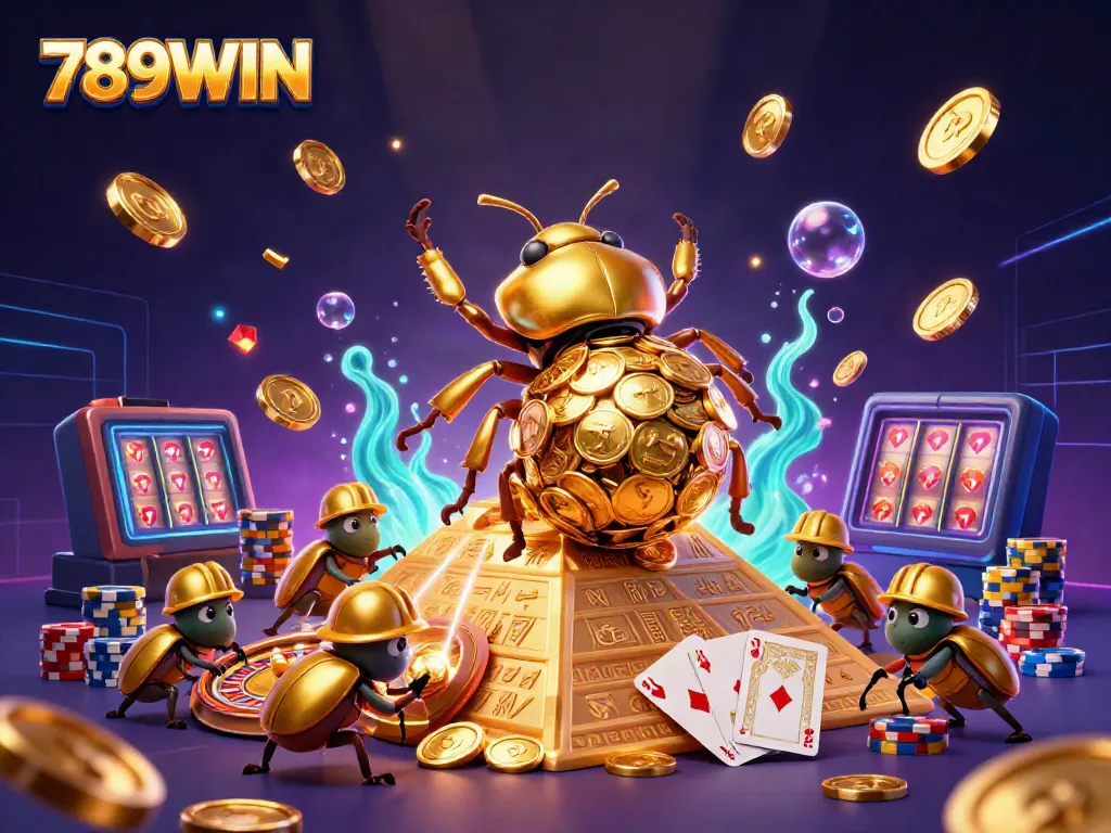 Engage with the thrilling 789WIN gameplay, featuring a golden beetle rolling coins amidst a breathtaking casino scene.