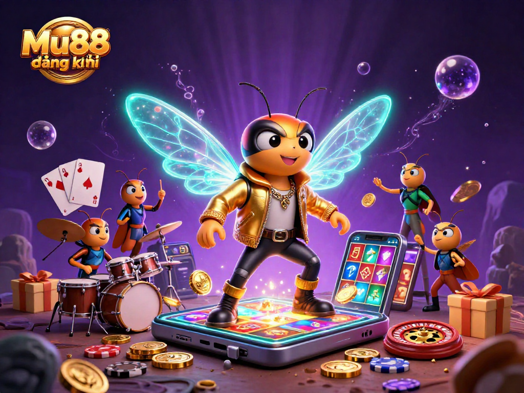 Experience excitement with Mu88đăng ký featuring a cicada rock star performing among casino elements.