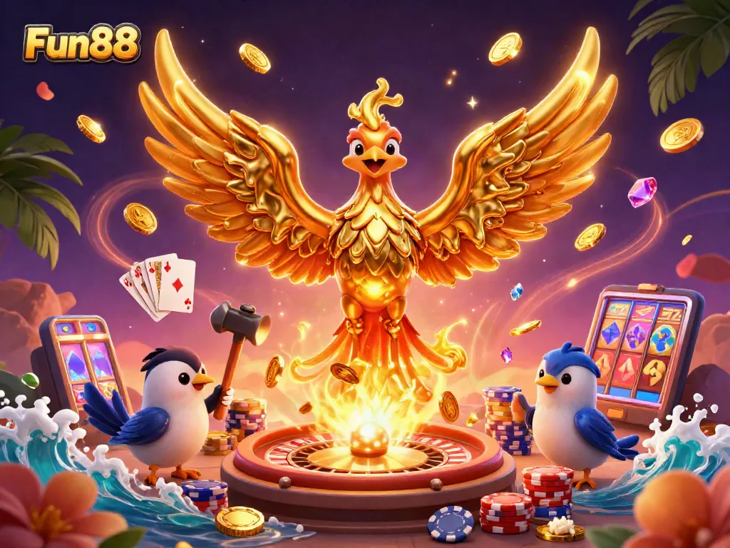 Experience excitement with Fun88 in this vibrant casino scene featuring a phoenix and dazzling game elements.