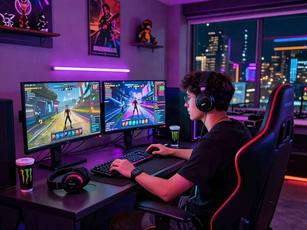 Gamer immersed in a colorful porn game environment, dual monitors displaying gameplay and interactions, vibrant gaming lounge atmosphere.