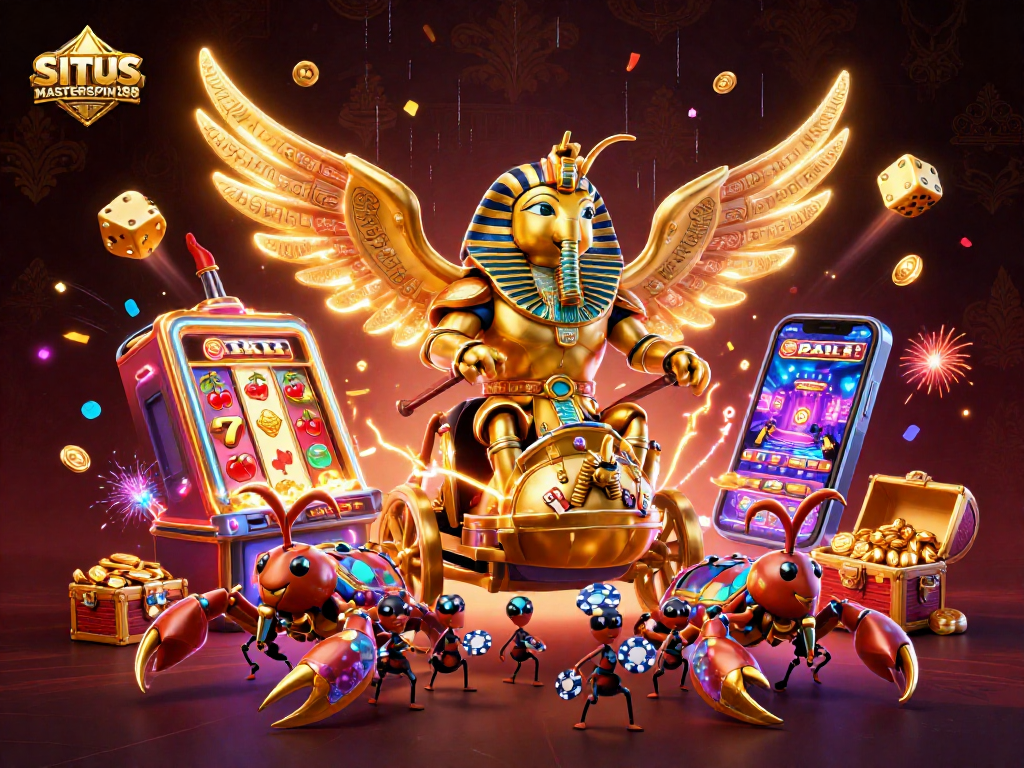 SITUS MASTERSPIN188 brings excitement with a vibrant casino scene featuring a pharaoh beetle and scorpion chariot amidst rich gaming symbols.