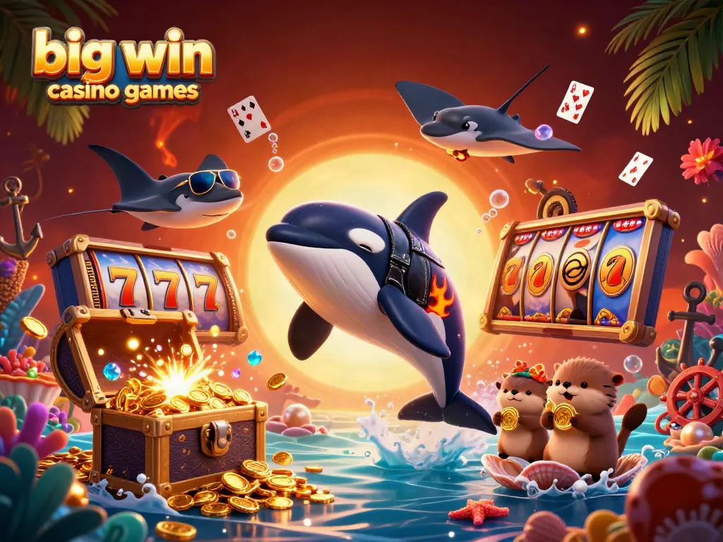 A dynamic scene featuring big win casino games with an orca, stingray, and sea otters amid vibrant treasures and casino elements.
