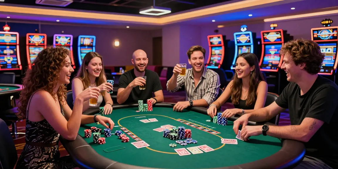 Ambiente festoso in un casinò non AAMS con amici al tavolo da poker.