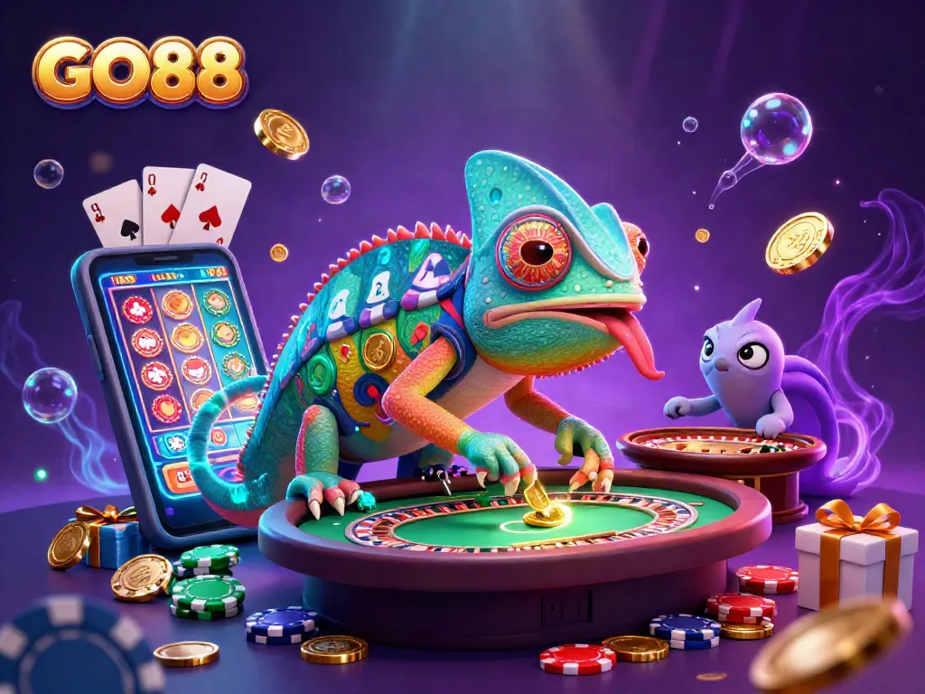 Engage with GO88's vibrant casino scene featuring a colorful chameleon and dynamic gaming elements.
