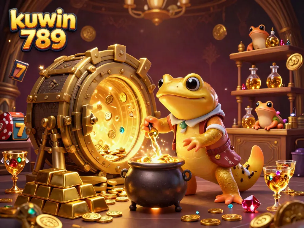 Experience the magic of kuwin 789 as a golden alchemist crafts treasure in a vibrant casino-themed 3D scene.
