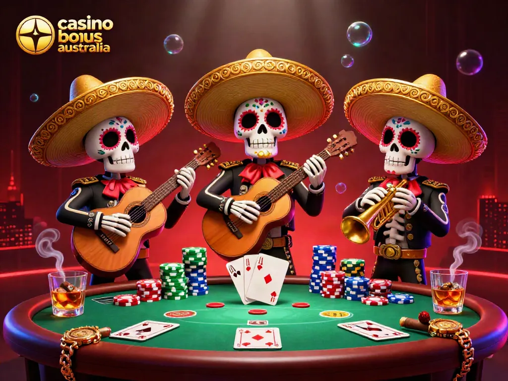 Experience thrilling casino bonus codes australia with vibrant mariachi skeletons and poker elements in a dynamic gambling scene.