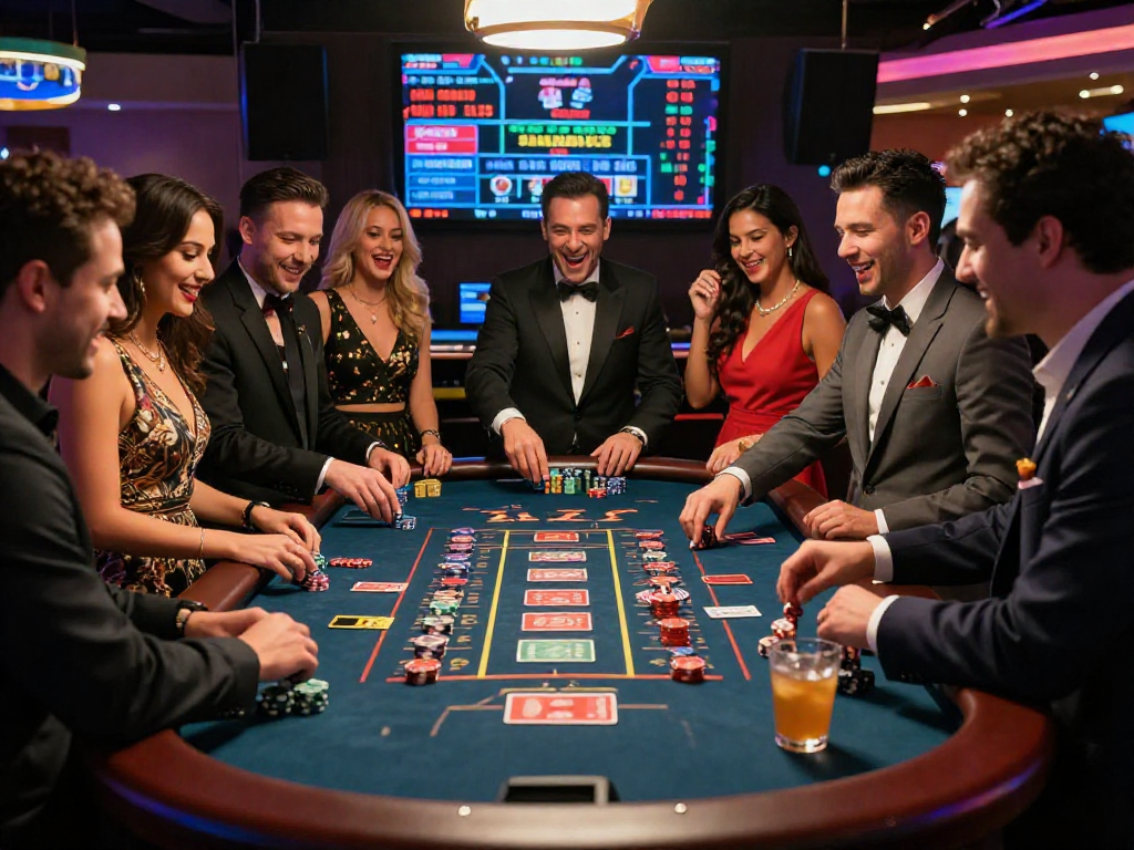 Giocatori entusiasti al tavolo della roulette nel casino non aams, illuminazione vivace e atmosfera festosa.