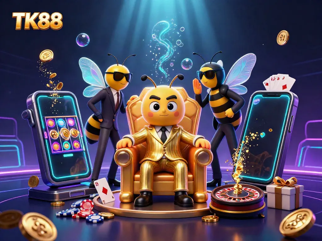 Spin slots and win with TK88 in a vibrant casino scene featuring animated characters and game elements.