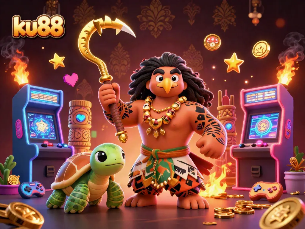 ku88 showcases exciting casino adventures with vibrant characters and gaming elements in an immersive illustration.