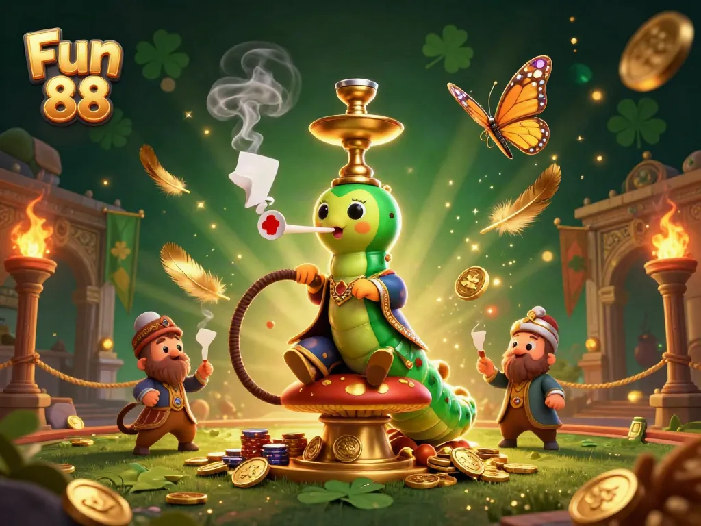 Engage in Fun 88's dynamic casino atmosphere with a whimsical 3D caterpillar master in a casino throne.