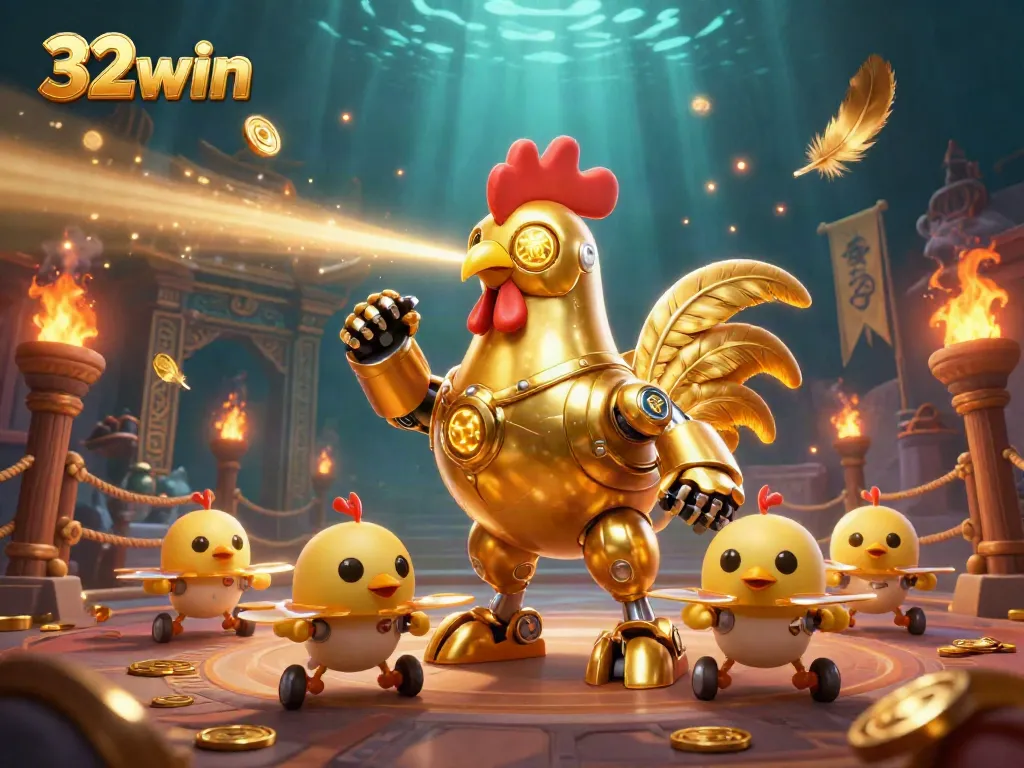 Engage with dynamic scenes of 32win featuring a golden rooster robot and baby chick drones in a vibrant casino setting.