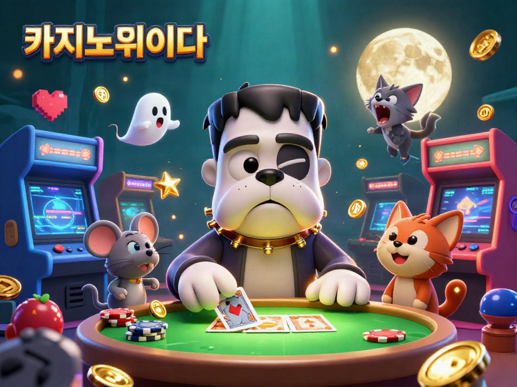 카지노사이트에서 카드 게임을 진행하는 만화 스타일의 괴물과 귀여운 고양이가 함께 있는 장면