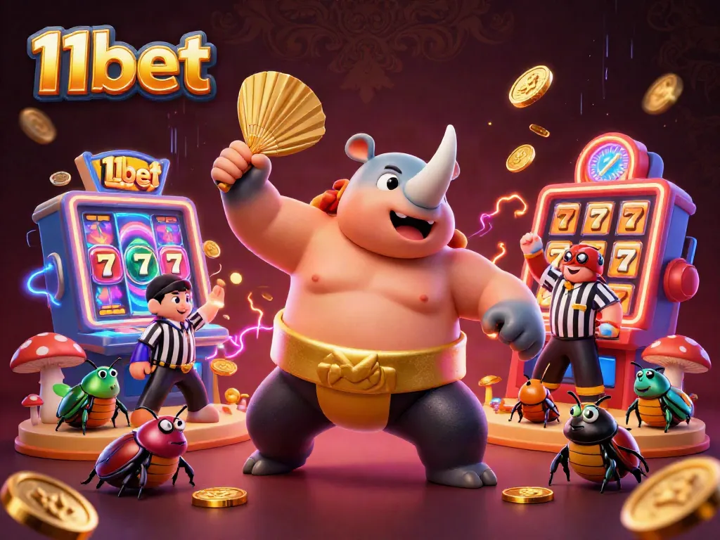 Experience thrilling gameplay at 11bet with a vibrant 3D illustration of a sumo beetle champion amidst slot machines and coins.