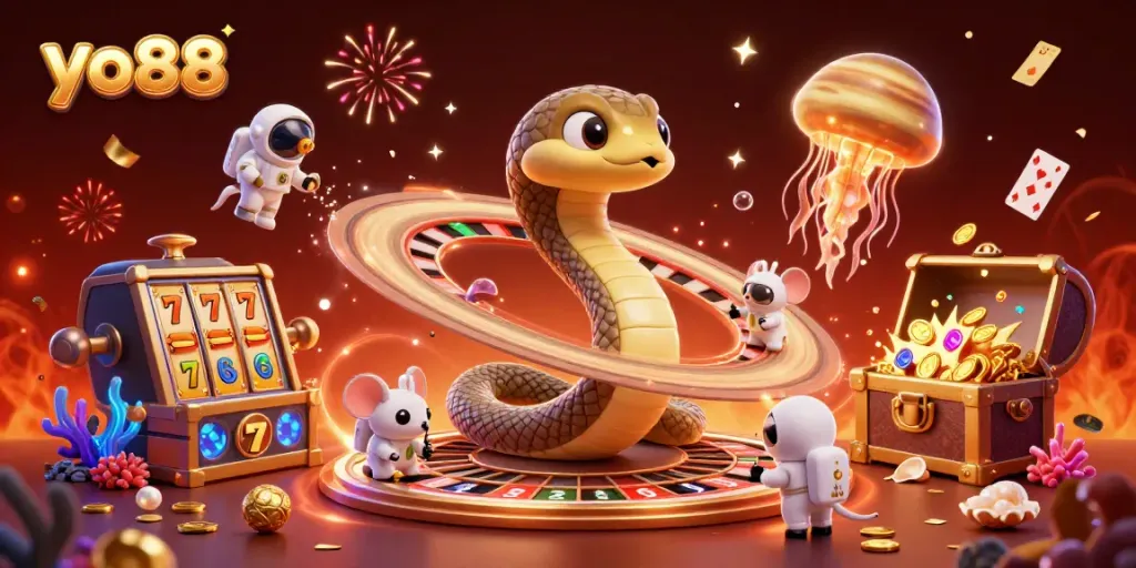 Experience the excitement of yo88 with a cosmic roulette game and adventurous betting mice in a vibrant casino scene.