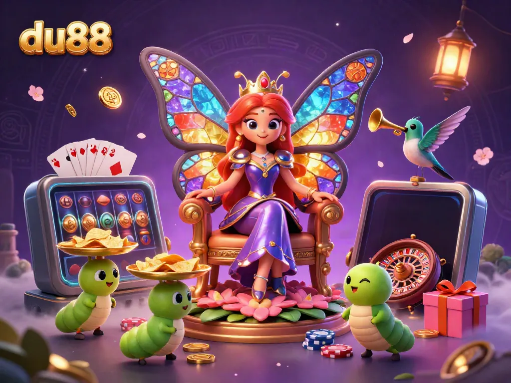 Experience stunning slots and jackpots with du88's vibrant 3D illustration showcasing a butterfly queen in a magical casino scene.