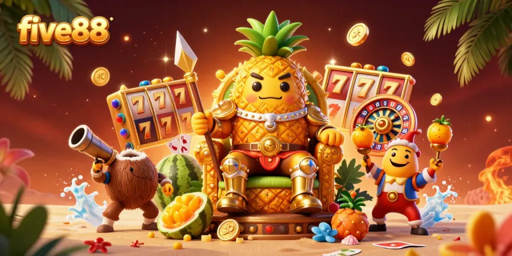 Experience the vibrant five88 online casino world with golden treasures and lively characters.
