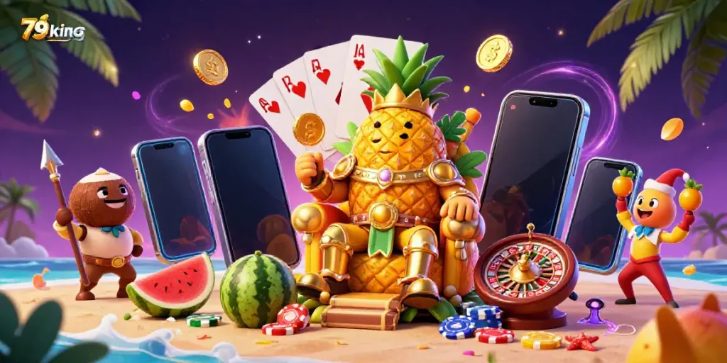 Experience the vibrant action at 79king's beach casino with gold coins flying and a jester juggling, showcasing excitement in gaming.
