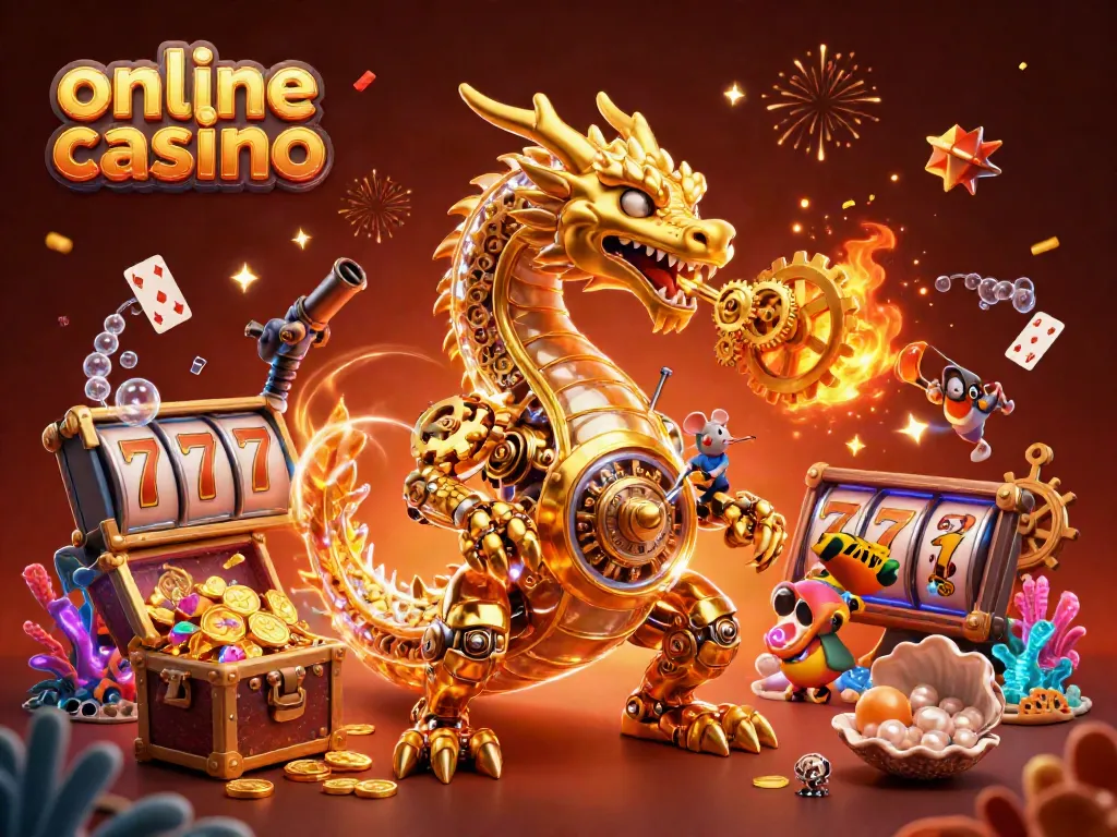 Engage with the golden dragon of the online casino, surrounded by sparkling slot reels and treasure.