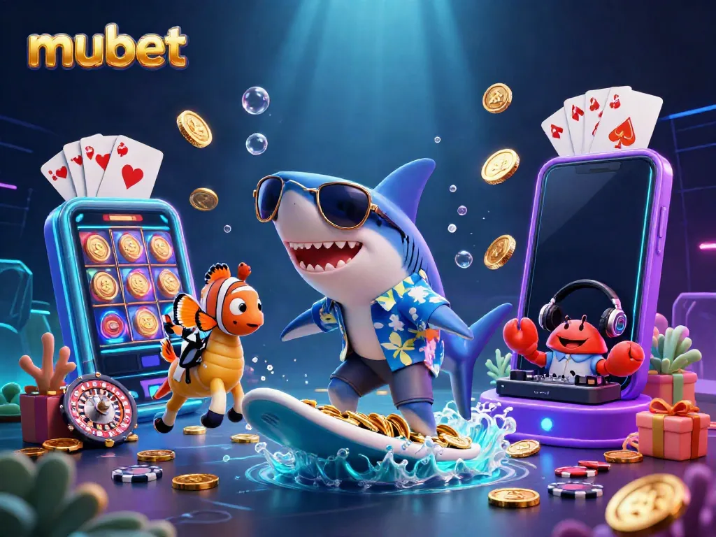 Surf the wave of gold coins with mubet in this vibrant casino-themed illustration.