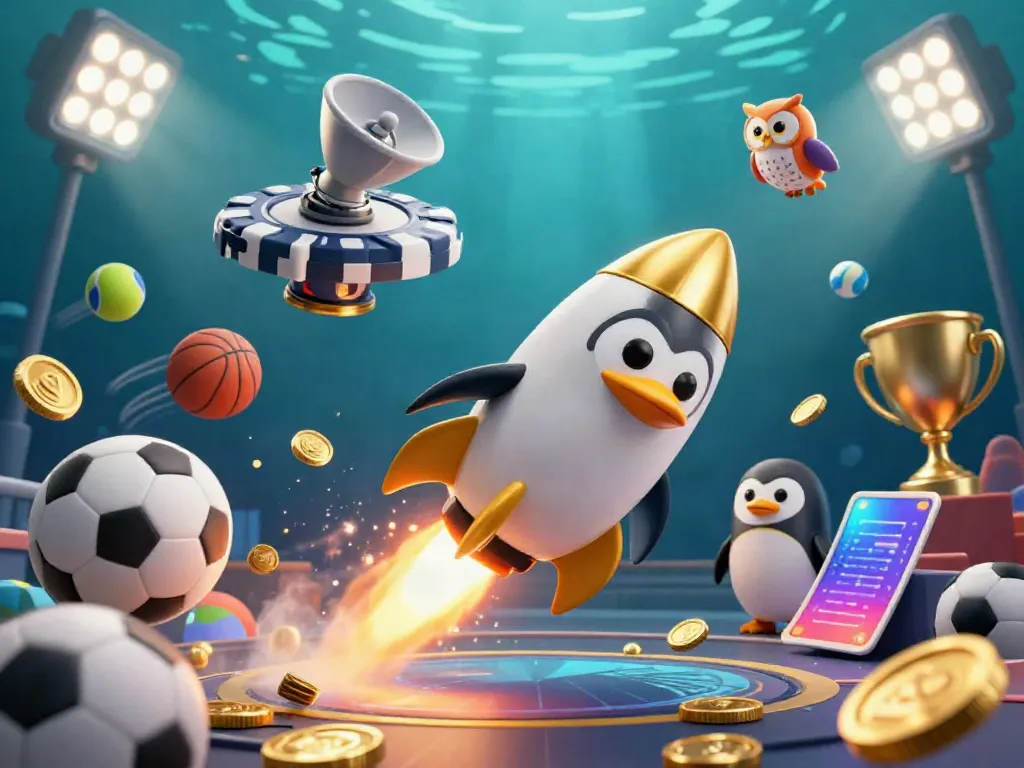 Experience the excitement of mubet with a golden penguin and casino elements in vibrant 3D.
