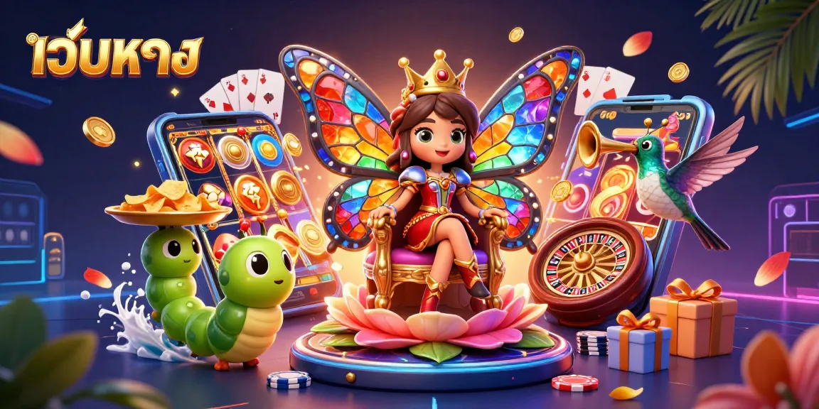 Experience the thrill at เว็บตรง with a vibrant 3D casino scene featuring a playful butterfly queen and gaming elements.