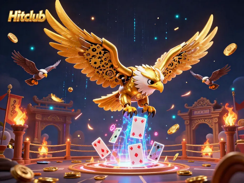Engaging Hitclub 3D illustration depicting a cybernetic eagle and falcons surrounded by holographic playing cards, ideal for online gaming.