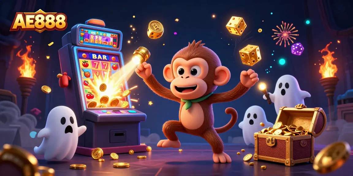 Engage with the AE888 casino scene featuring a mischievous monkey and golden treasures in a lively jackpot atmosphere.