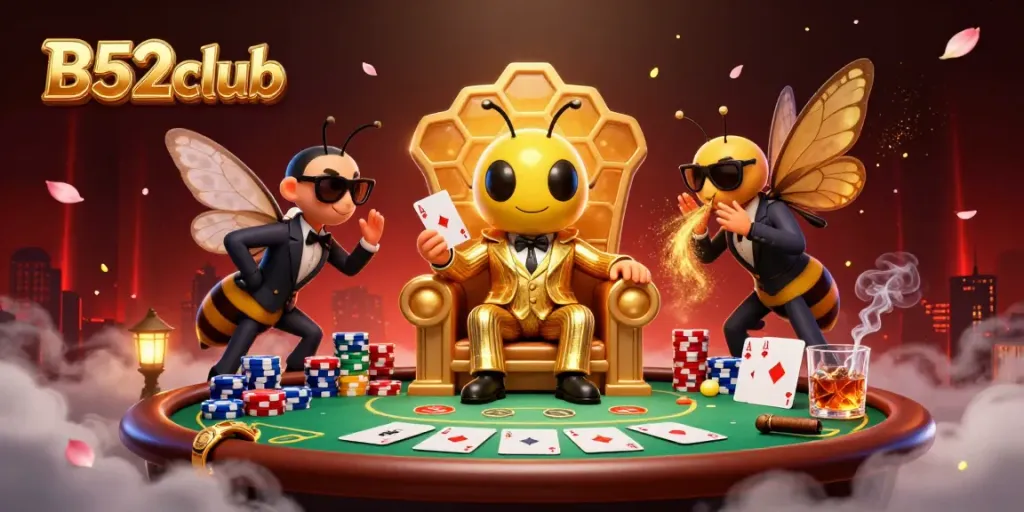 Experience B52club gaming with a bumblebee mob boss and thrilling poker atmosphere