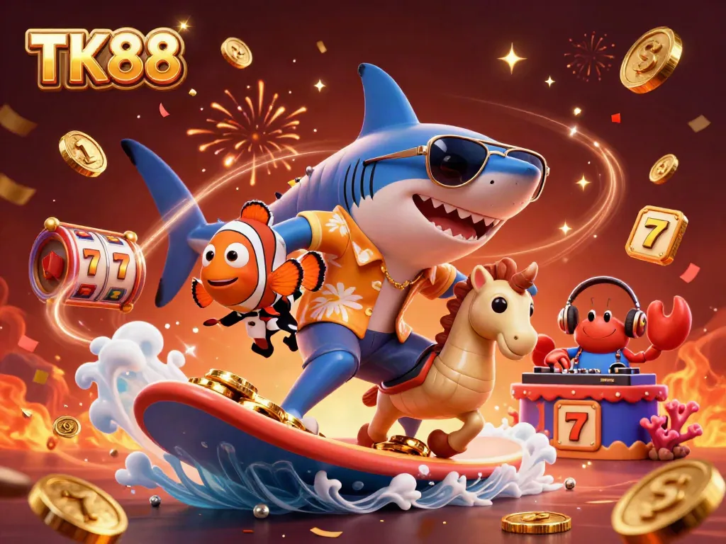 Experience the thrill of TK88 with a cartoon shark surfing on gold coins in a vibrant casino-themed scene.