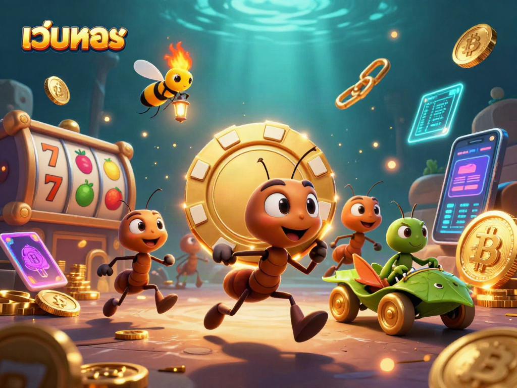 Engage with the thrilling world of เว็บตรง casino heist illustration featuring ants and crypto elements.