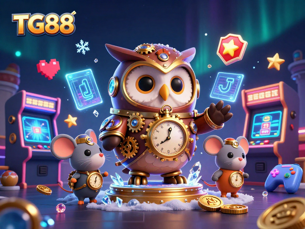 Unleash exciting possibilities with TG88 as a 3D cartoon owl and mouse navigate a vibrant casino world.
