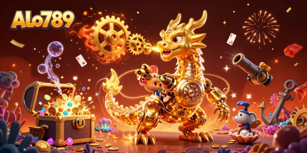 Experience exclusive ALo789 cockfighting action featuring a golden dragon and engineer surrounded by treasures.