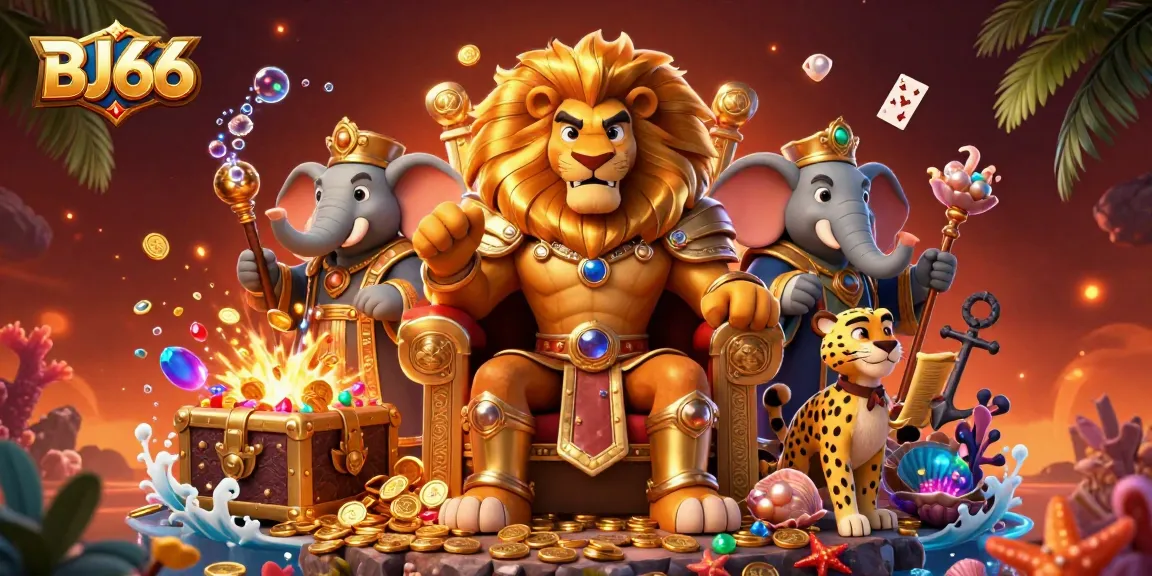 Experience thrilling bets at BJ66 with fierce lion king and vibrant casino elements.