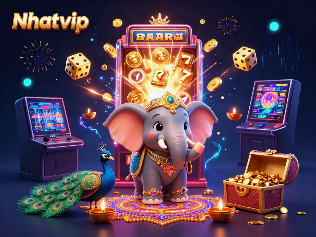 Nhatvip's vibrant online gaming experience, featuring an elephant and a peacock amidst a jackpot scene.