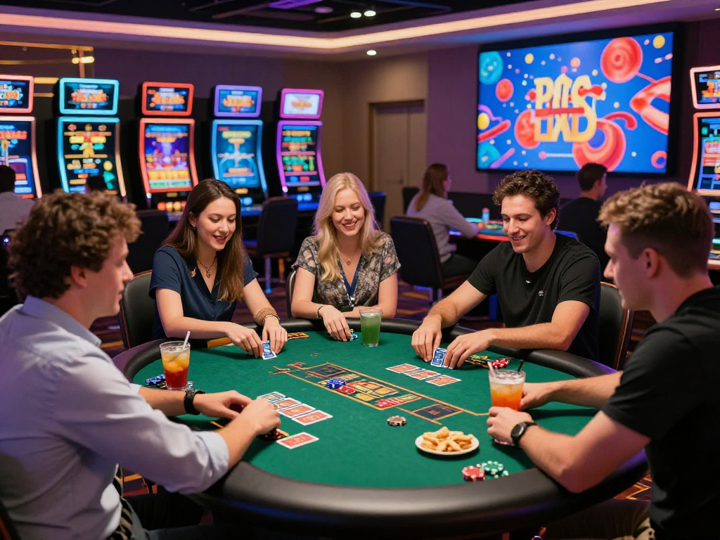 Giocatori entusiasti al casino non aams mentre si divertono a una tavola da gioco elegante con carte e fiches.