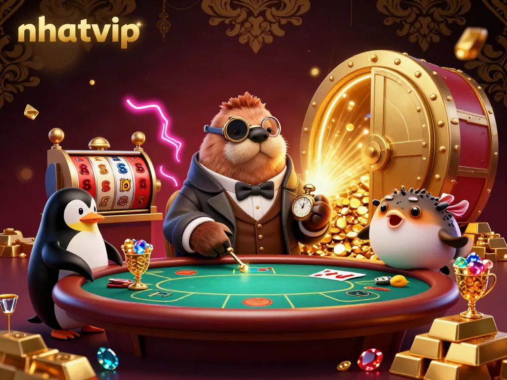 Experience thrilling gameplay at Nhatvip with jolly characters and abundant treasures in a vibrant casino setting.