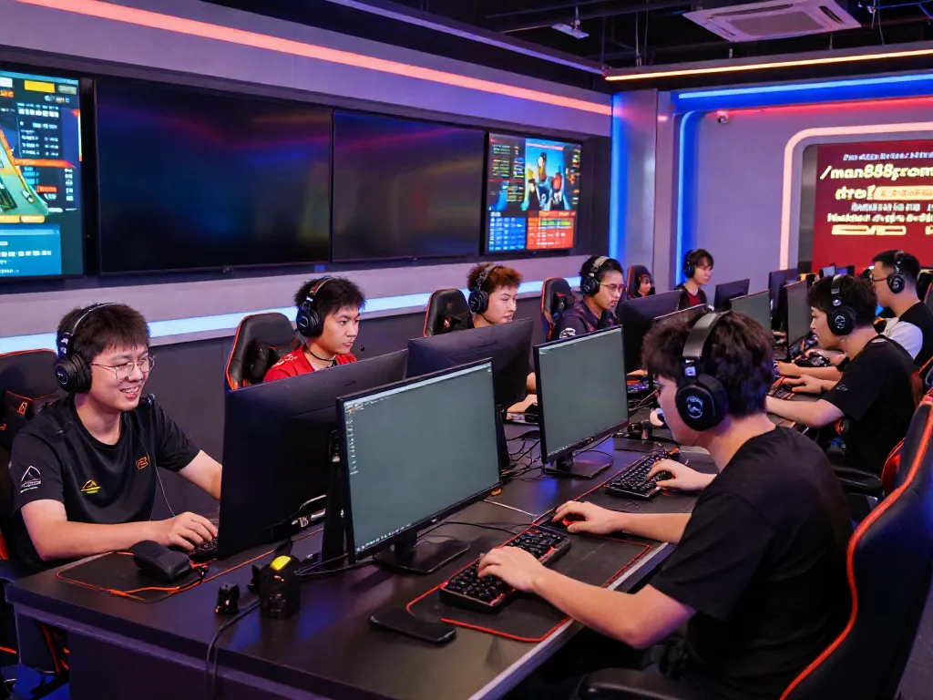 Engaging online gaming atmosphere with players enjoying games at https://man88pro.com/ featuring vibrant studio lights and interactive displays.
