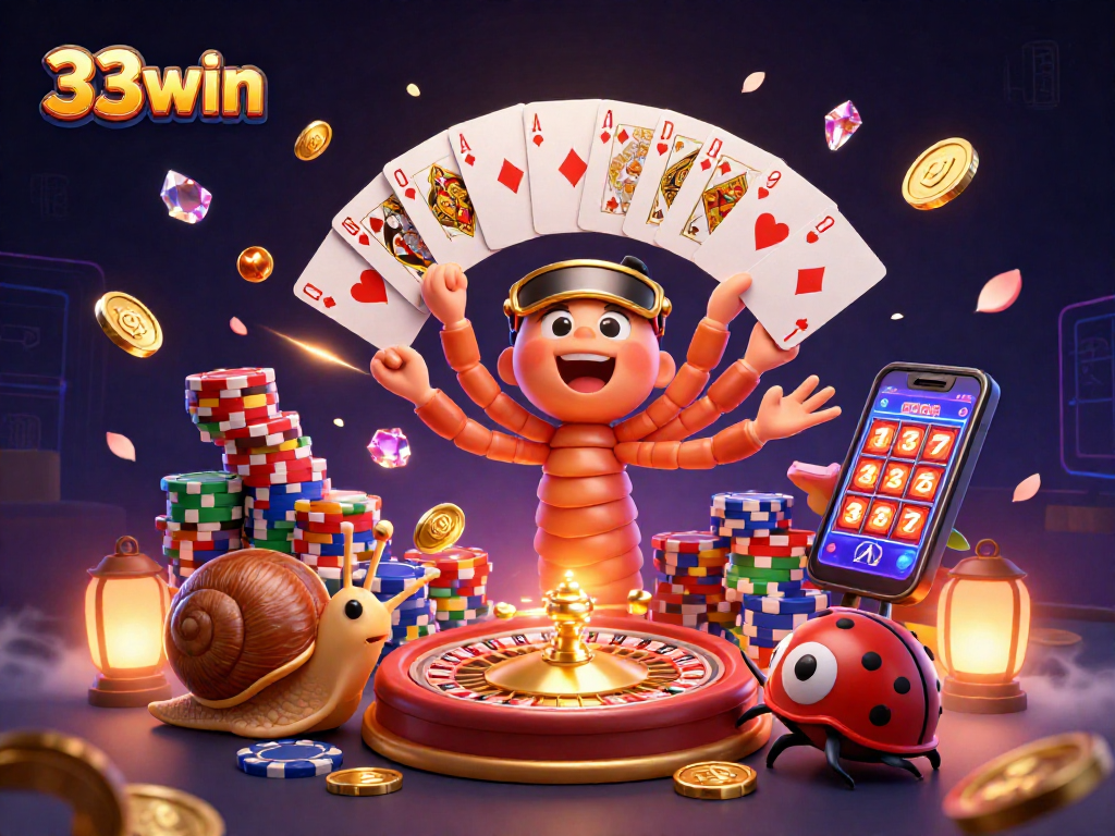 Engage with 33win's vibrant 3D casino scene featuring playful characters and thrilling game elements.