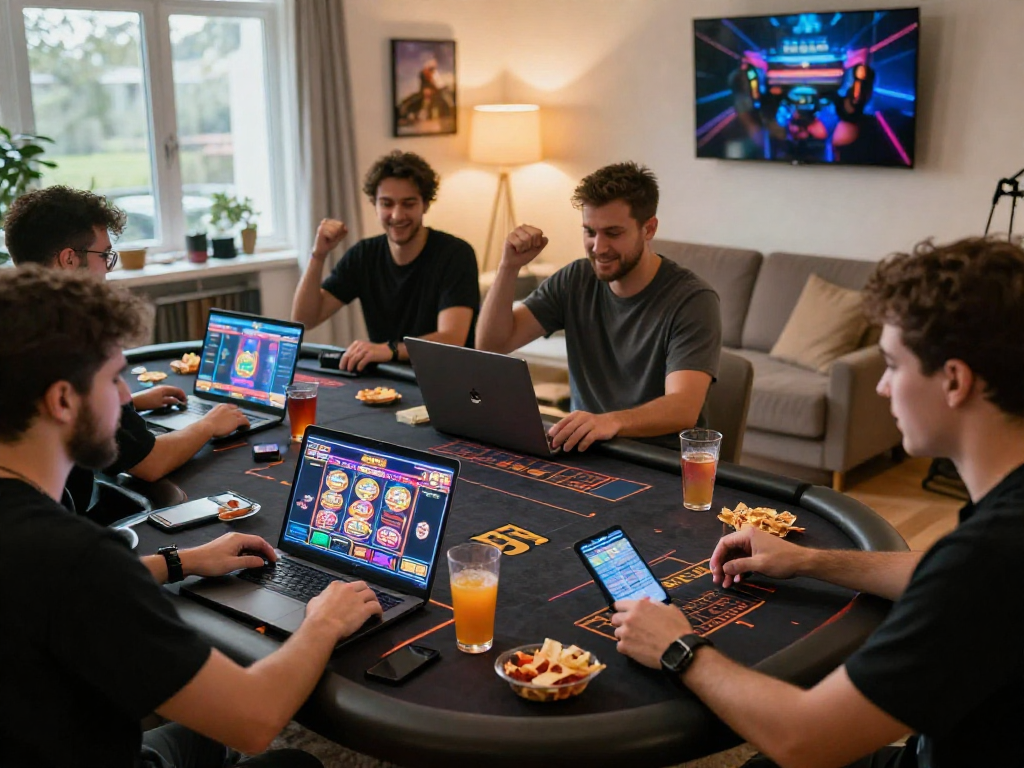 Giocatori felici al casino non aams mentre utilizzano laptop e smartphone per divertirsi.