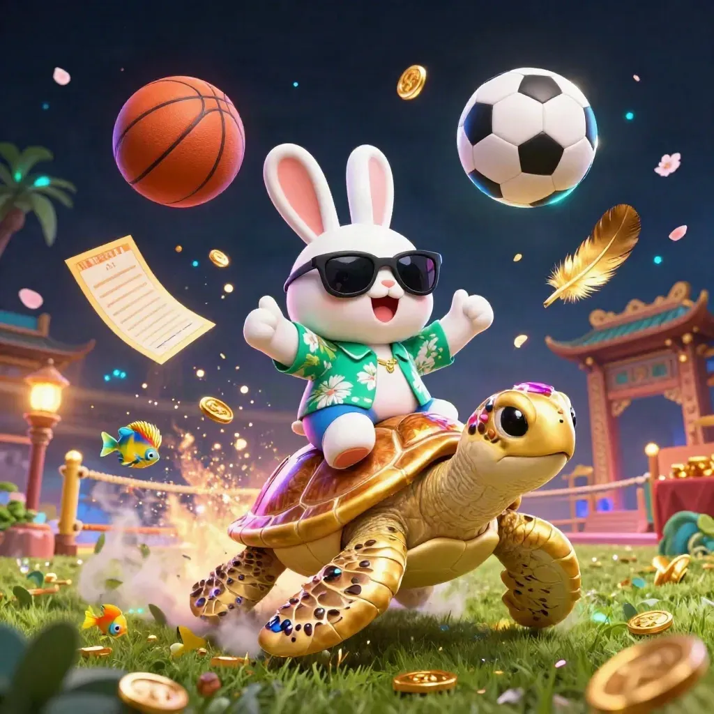 Lucky rabbit on golden turtle amid balls, casino glow, temple gate, petals and fog.