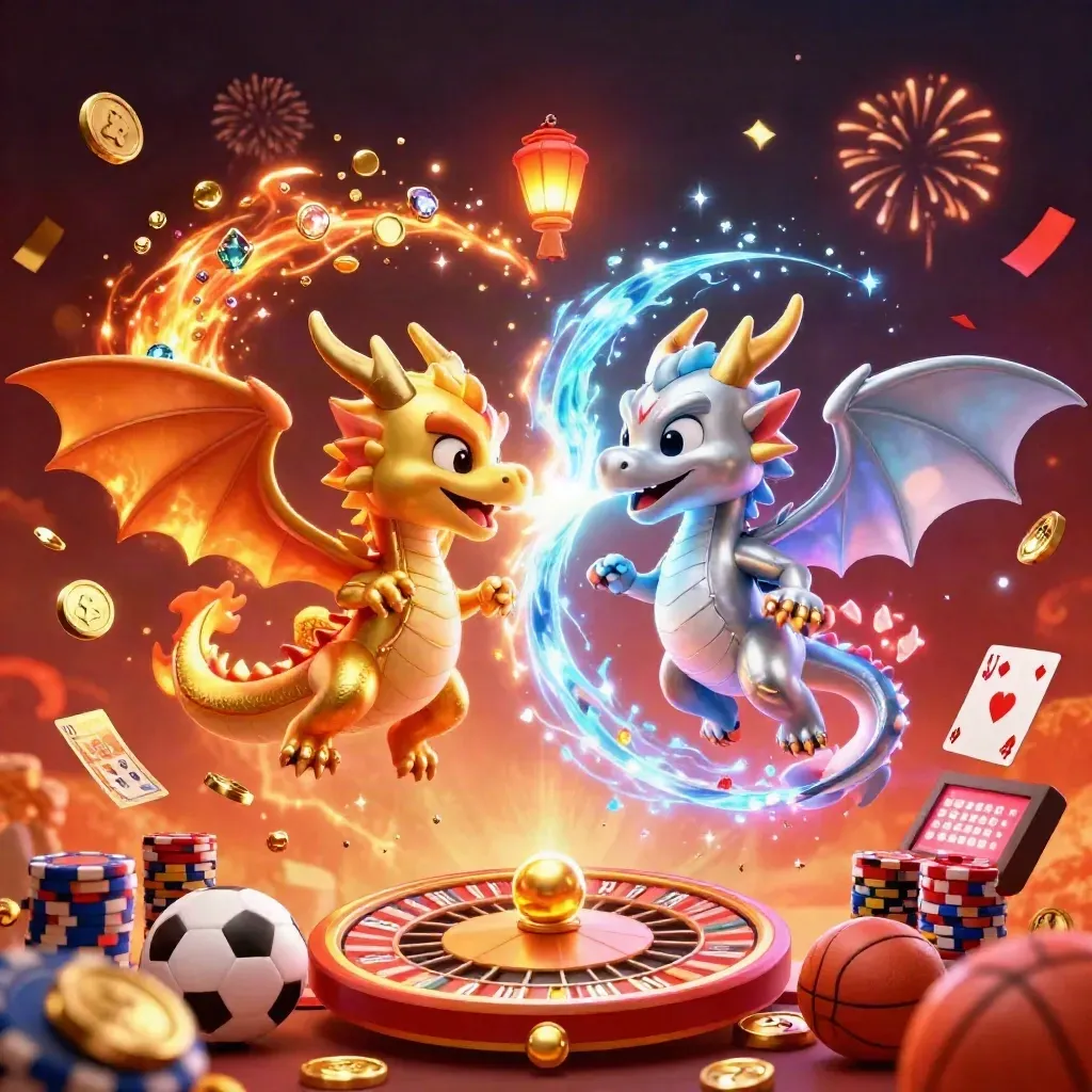 Gold and silver dragons swirl in fire and ice with casino chips, coins, cards, and glowing effects.