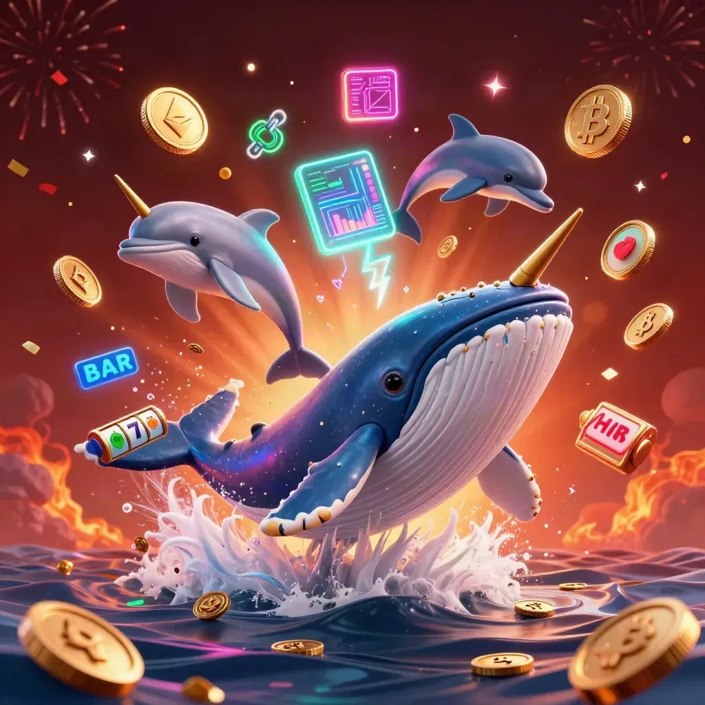 Whale captain, narwhal, and dolphins burst through coins with neon casino energy and glowing crypto effects.