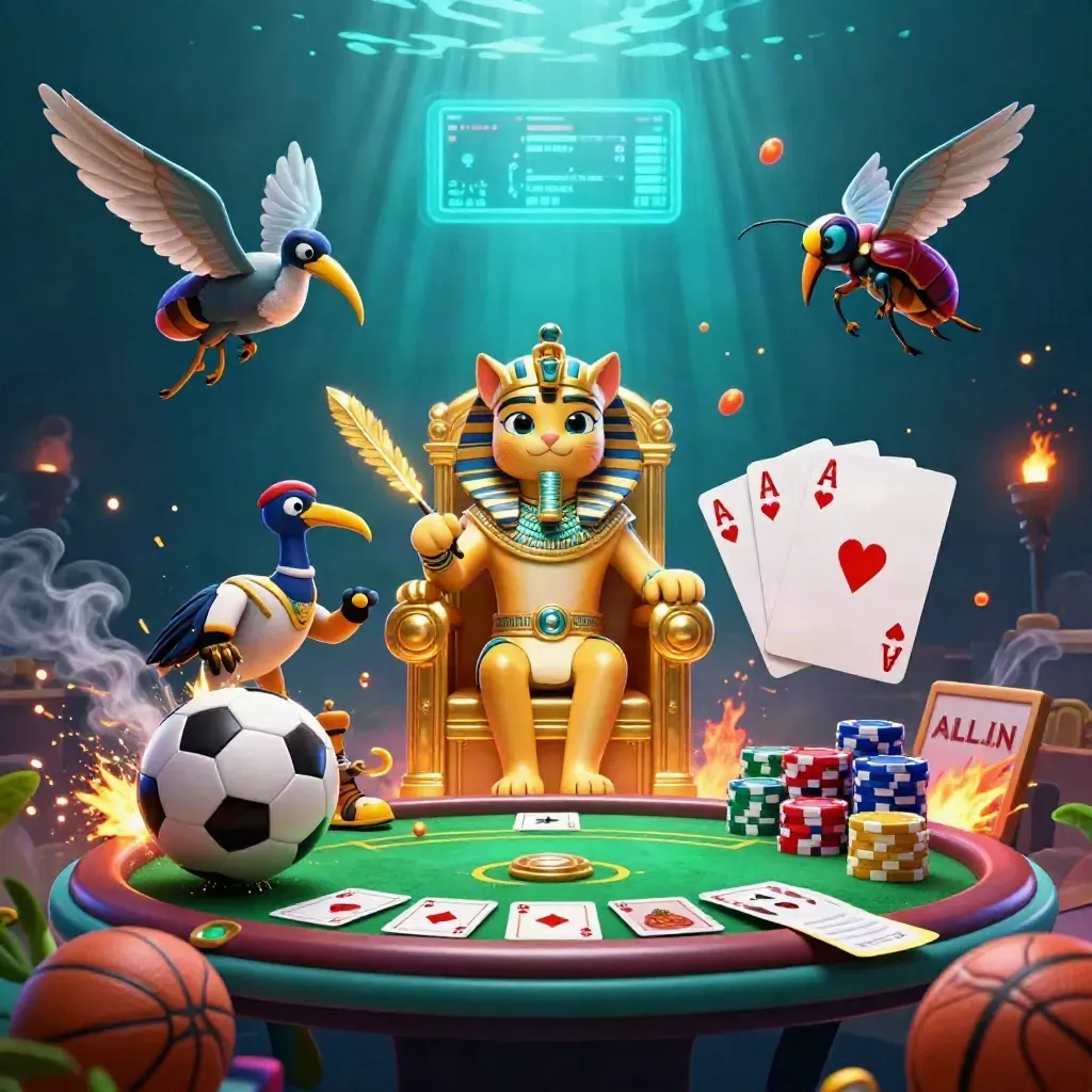 Pharaoh cat, ibis scribe, scarabs, soccer ball, poker chips, and glowing casino lights