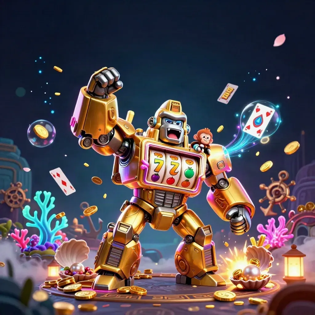 Golden gorilla mech with monkey pilot erupts from treasure cove amid reels, coins, coral, and neon glow