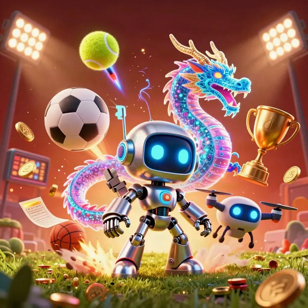 Cyberpunk robot, holographic dragon, and coin drone amid flying sports balls, trophy, coins, and stadium lights.