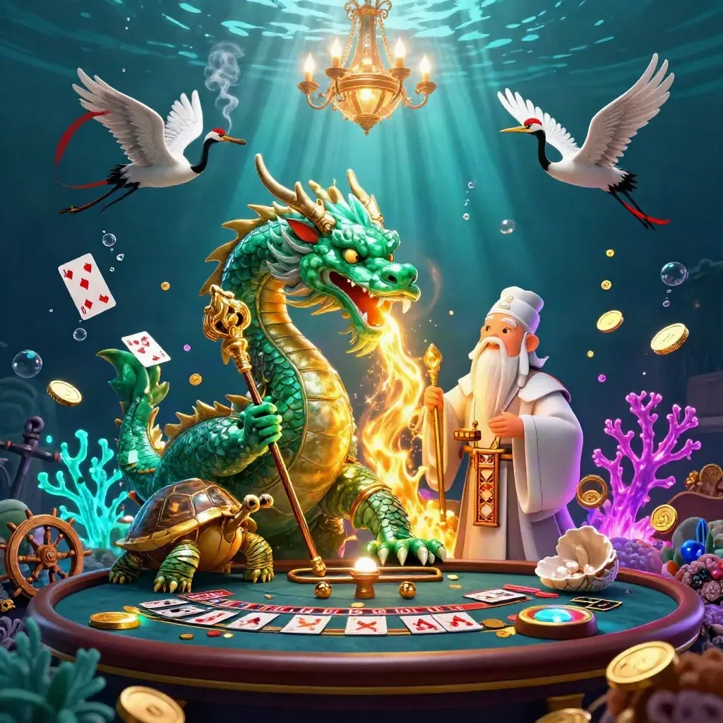 Emerald dragon, turtle sage, and cranes in a glowing underwater casino cove with luxe gold and neon.
