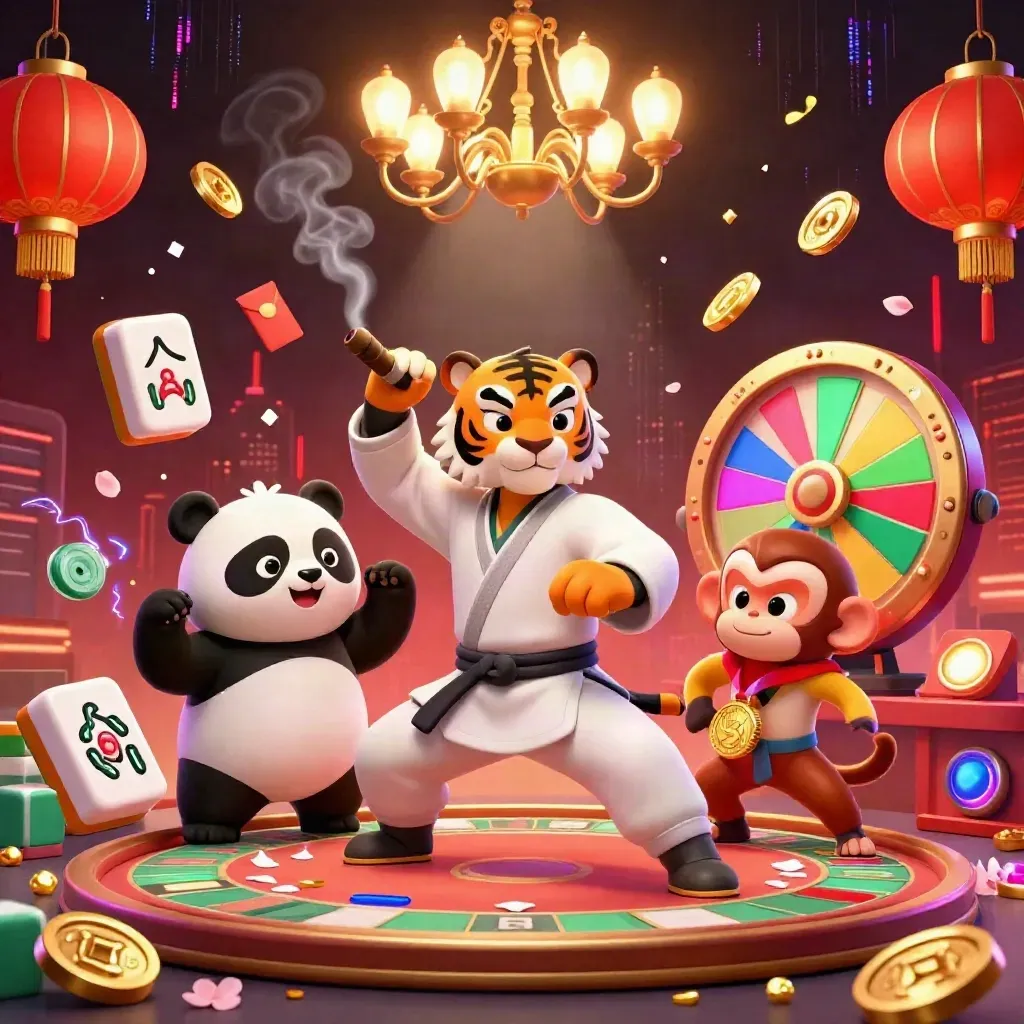 Kung-fu tiger, panda, and monkey in a neon casino room with lanterns, coins, and a spinning wheel.