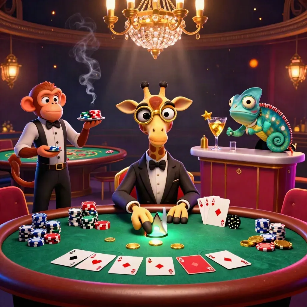 Giraffe, monkey, and chameleon at a luxe casino table with chips, cards, and glowing lights.
